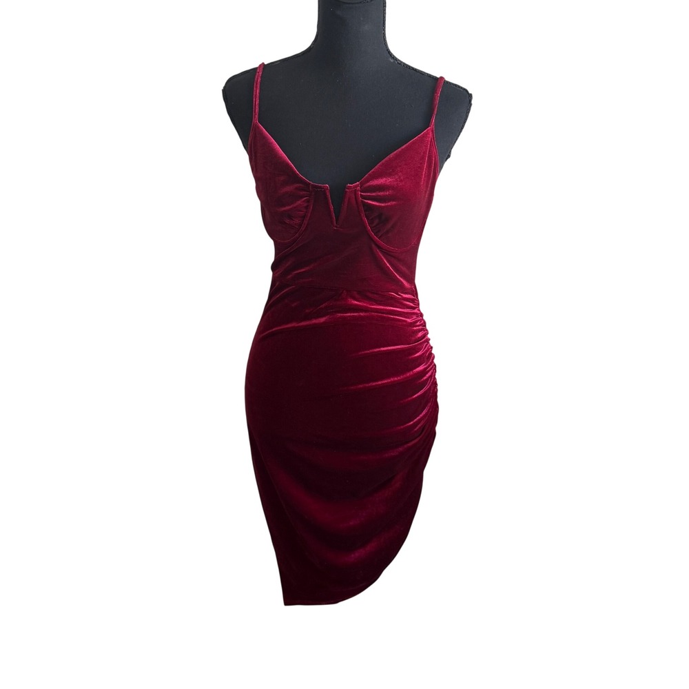 Bear Dance Burgundy Velvet Asymmetrical Mini Babydoll Y2K Dress S Holiday Glam
